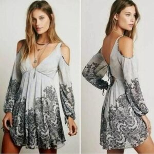 FREE PEOPLE Penny Lover Cold Shoulder Floral Paisley Dress Blue Gray Small